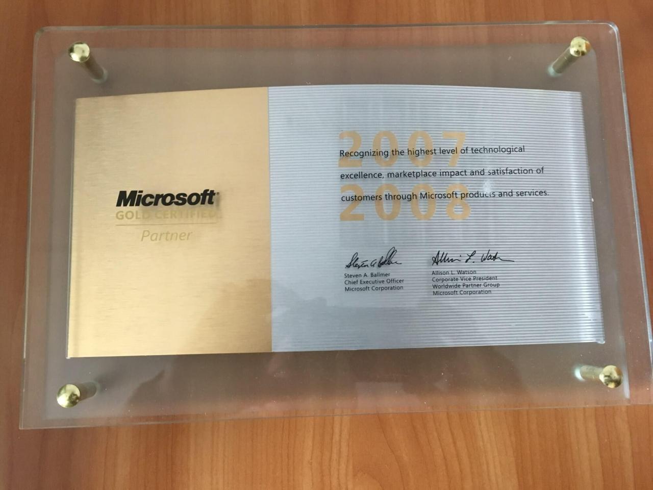 Microsoft Gold Certified Partner plaque, 2007-2008