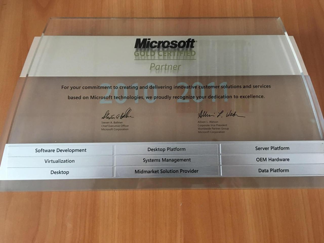 Microsoft Gold Certified Partner plaque, 2010-2011