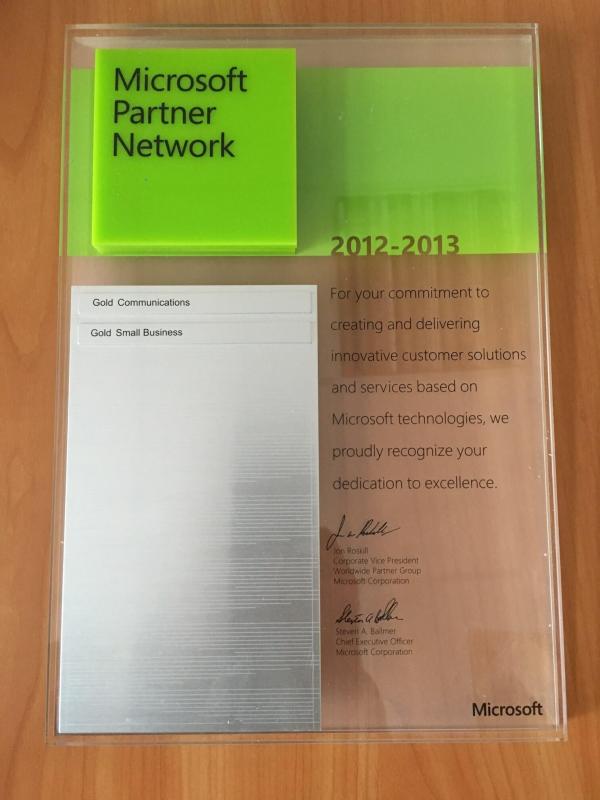 Microsoft Gold Certified Partner plaque, 2012-2013