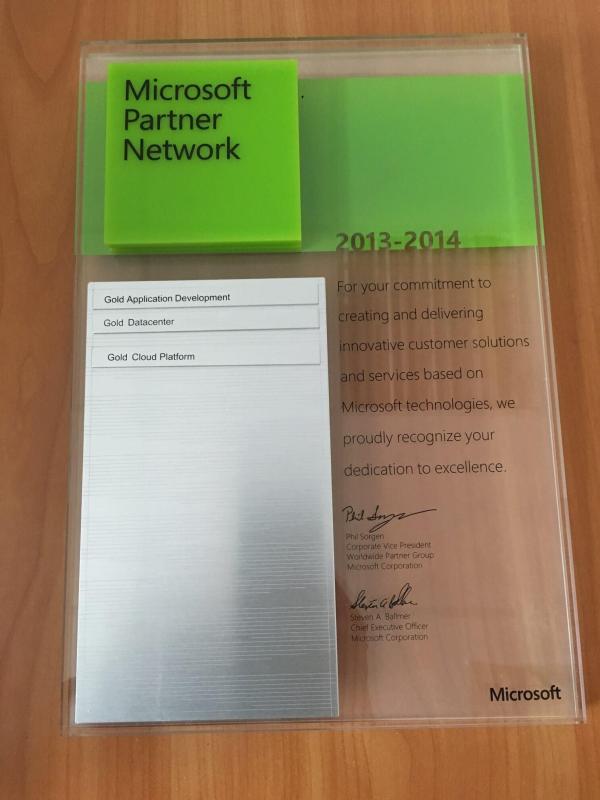 Microsoft Gold Certified Partner plaque, 2013-2014